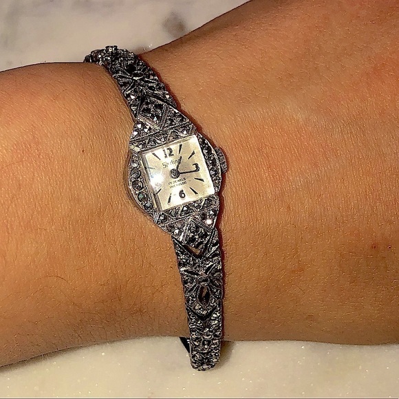 1950s Art Deco Style Sterling Silver Marcasite Ricoh Watch 6.1” - 6.7” Stretch - Picture 5 of 15